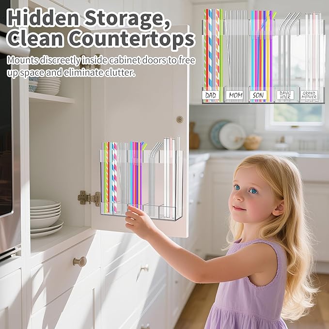 Acrylic straw holder for cabinet door, Reusable Tumbler Straw Organizer Storage for Cupboard Drinking Straws Dispenser for Kitchen Counter, Ultra Sticky Cupboard Door Mounted (Transparent)