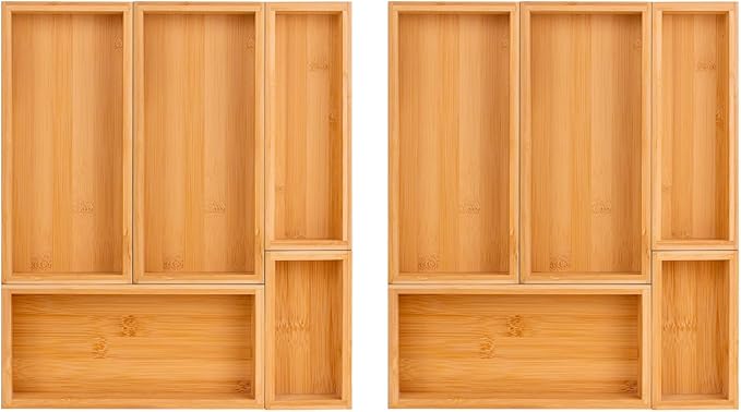 bamboo drawer organizer Set,expandable drawer dividers,wooden storage organizers,large trays for kitchen, bathroom,flatware,Tea Bag Organizer (2 X 5PCS Natural)-NeatNest