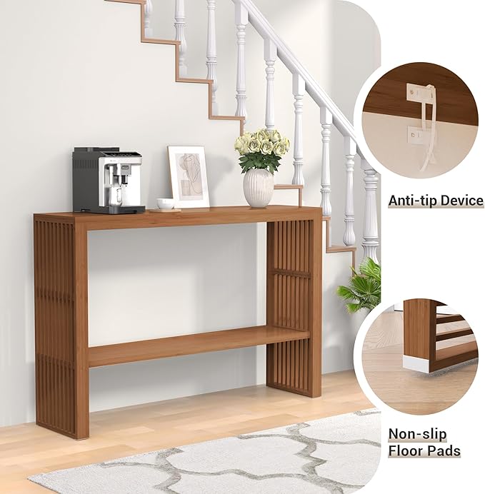 Bamboo Wood Entryway Table 47.2" Console Table, 2-Tier Farmhouse Narrow Sofa Table with Grille-Inspired Sides Easy Assembly for Entrance, Hallway, Living Room, Bedroom, Foyer(Walnut)-NeatNest