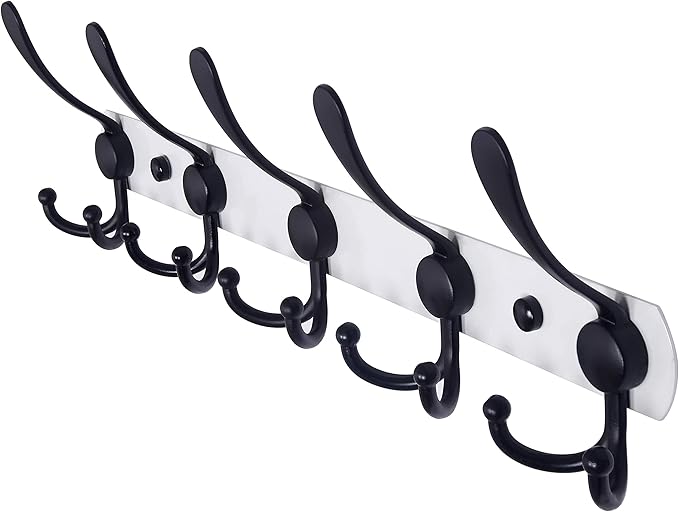 Dseap Wall Mounted Coat Rack - 5 Tri Hooks, Heavy Duty, Stainless Steel, Metal Coat Hook Rail for Coat Hat Towel Purse Robes Mudroom Bathroom Entryway,White & Black-NeatNest