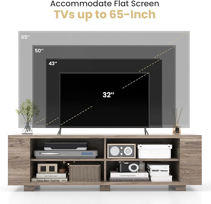 Giantex Modern TV Stand for TVs up to 65 Inch, Wood Entertainment Center w/ 8 Open Storage & Adjustable Shelves, Television Stands w/Cable Holes, TV Console Table for Living Room Bedroom (Black Oak)-NeatNest