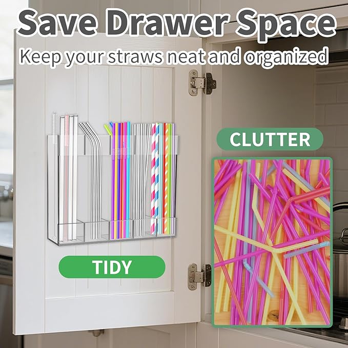 Acrylic straw holder for cabinet door, Reusable Tumbler Straw Organizer Storage for Cupboard Drinking Straws Dispenser for Kitchen Counter, Ultra Sticky Cupboard Door Mounted (Transparent)