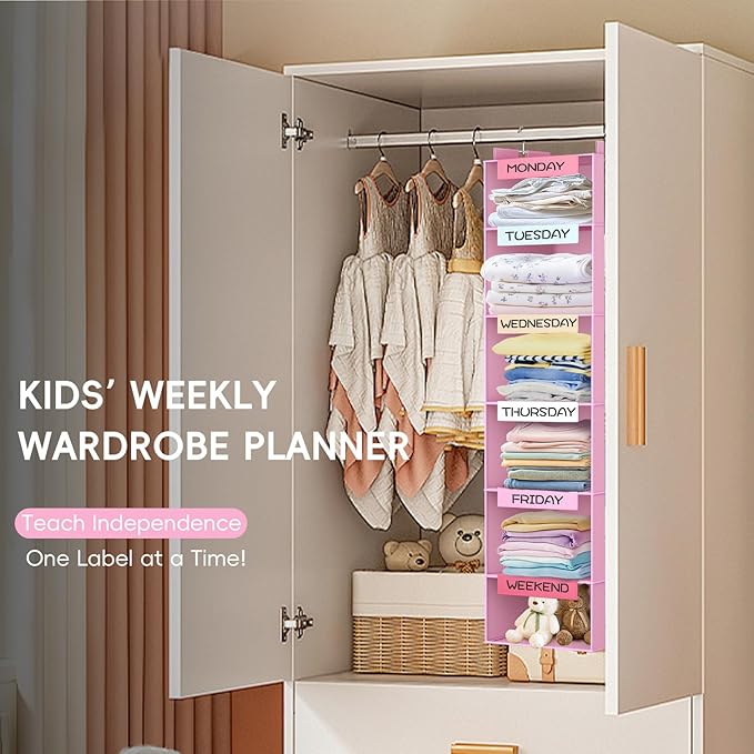 VERONLY Weekly Hanging Closet Organizer for Kids, 6-Shelf Clothes Storage with Labeled Days of The Week Monday Through Friday, Weekday and Weekend, Days of The Week Clothes Organizer-NeatNest