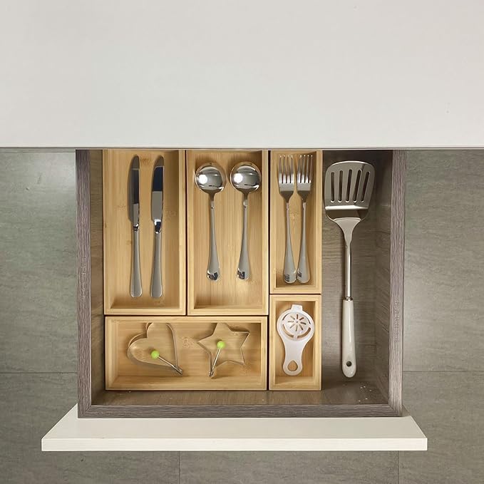 bamboo drawer organizer Set,expandable drawer dividers,wooden storage organizers,large trays for kitchen, bathroom,flatware,Tea Bag Organizer (2 X 5PCS Natural)-NeatNest