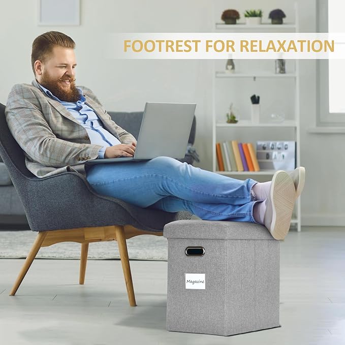 Tall Ottoman with Storage Collapsible Fabric Small Slim Folding Ottoman Furniture with Handles Lid for Room Footrest Foot Stool Linen Light Grey 16.5x16.5x11.8in