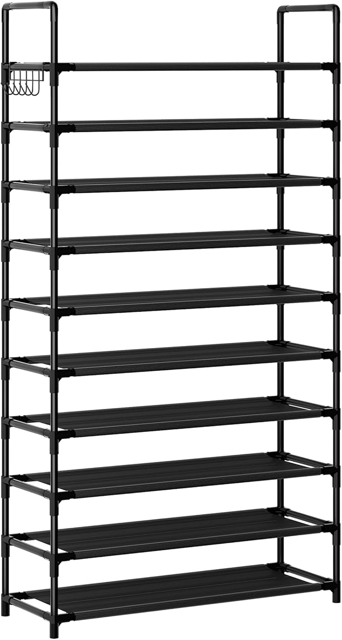 Shoe Rack, 10 Tier Shoe Storage Organizer with Hooks,Fit 40-45 Pairs Shoes,Metal Tall Shoe Shelf for Closet,Entryway, Hallway,Garage,Bedroom,Cloakroom-NeatNest