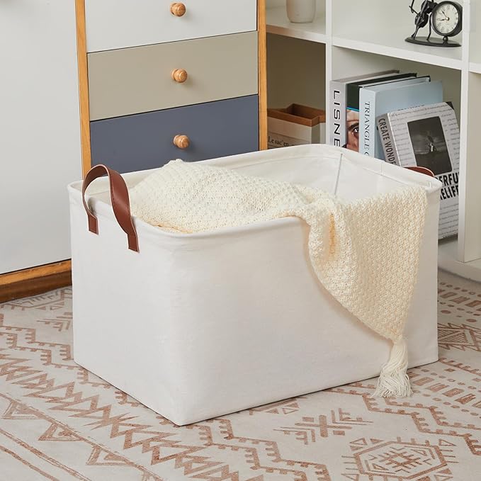DULLEMELO Large Storage Bins for Towels, Decorative Fabric Storage Baskets Bins for Organizing Bedroom, Closet Organizers and Storage for Clothes, 19" L x 13" W x 11" H, Natural Color, 2-Pack