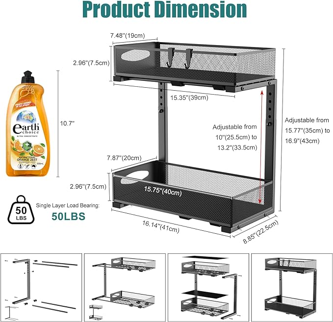 1 Pack Under Sink Organizer, 2 Tier Metal Pull Out Under Sink Storage with Sliding Mesh Drawers, Height Adjustable Slide Out Under Sink Organizer for Kitchen Bathroom Cabinet, Black-NeatNest