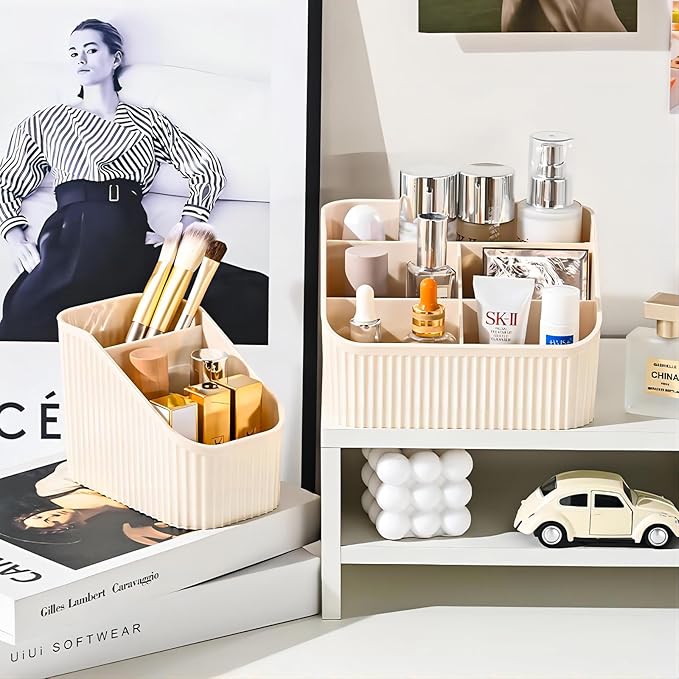 DASITON Large Capacity Makeup Brush Holder,5 Slot Makeup Brush Cup,Vintage striped Make Up Brush Holder,for Vanity Decor,Bathroom Countertops,Desk Storage Container,Cosmetic Display cases(Cream)-NeatNest