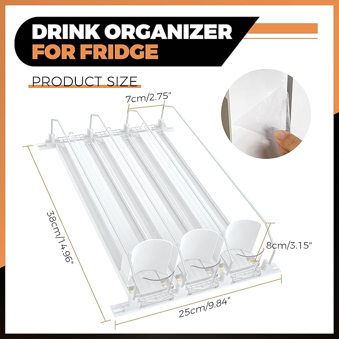 3 Rows Drink Organizer for Fridge, 15'' Soda Can Dispenser for Refrigerator with Pusher Glide, Width Adjustable Fridge Can Organization Hold Up to 25 Cans (White)
