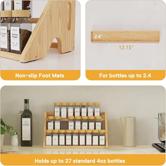 Bamboo Spice Rack Organizer -3-Tier Spice Rack for Countertop,Cabinet Spice Rack Organizer for 27 Spice Jars(4oz),Step Shelf (yellow)