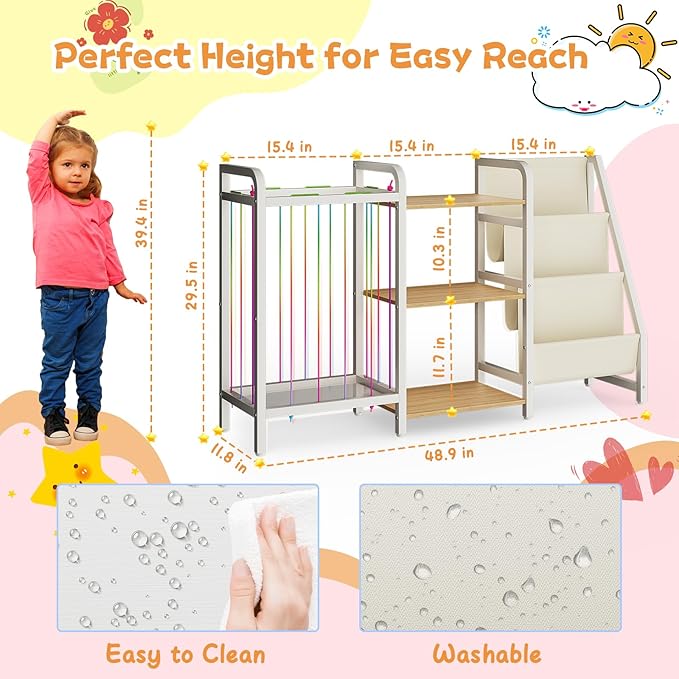 B1 Kids Bookshelf and Toy Storage, 3-Tier Book Shelf for Kids Rooms, Sling Baby Bookcase with Stuffed Animal Storage, Montessori Toddler Bookshelf for Nursery, Bedroom, Playroom Burlywood