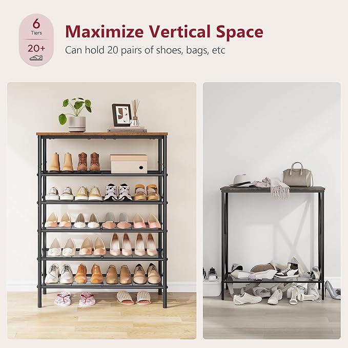 Tajsoon 6 Tier Free Standing Shoe Rack for 20-24 Pairs, X Shape Fixed Frame Metal Mesh Shoe Rack for Closet, Rustic Brown & Black-NeatNest