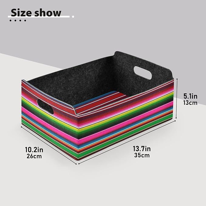 Kigai Mexican Serape Colorful Stripes Storage Basket, Foldable Open Storage Bins with Double Handle, Felt Storage Boxes for Office Desk, Rectangular Closet Organizer Containers for Home Bedroom