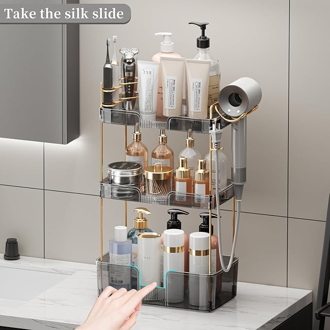 YCIA&DONE Bathroom Counter Organizer, Large Makeup Organizer Countertop, Shelf Storage, Vanity Tray, Easily Assemble for Bathroom Organizers and Storage, Undersink, Cabinet, 3 Tiers Grey-NeatNest