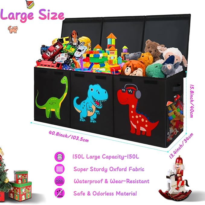 Extra Large Toy Box, Collapsible Sturdy Storage Organizer with Lids, Dinosaur Toybox for Boys Girls, 40"x16"x16" Kids Toy Chest Bin Baskets for Living Room, Playroom, Bedroom, Nursery, Black