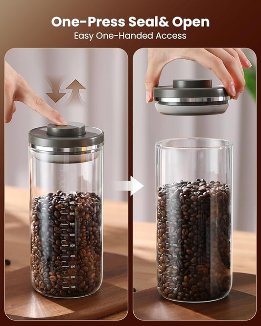 Coffee Canister with Airtight Lid, One-Press Button Borosilicate Glass Coffee Container with PP Silicone Lid, Food Storage Container for Grounds Coffee, 1lb Beans, Flour, Cereal, Sugar-NeatNest