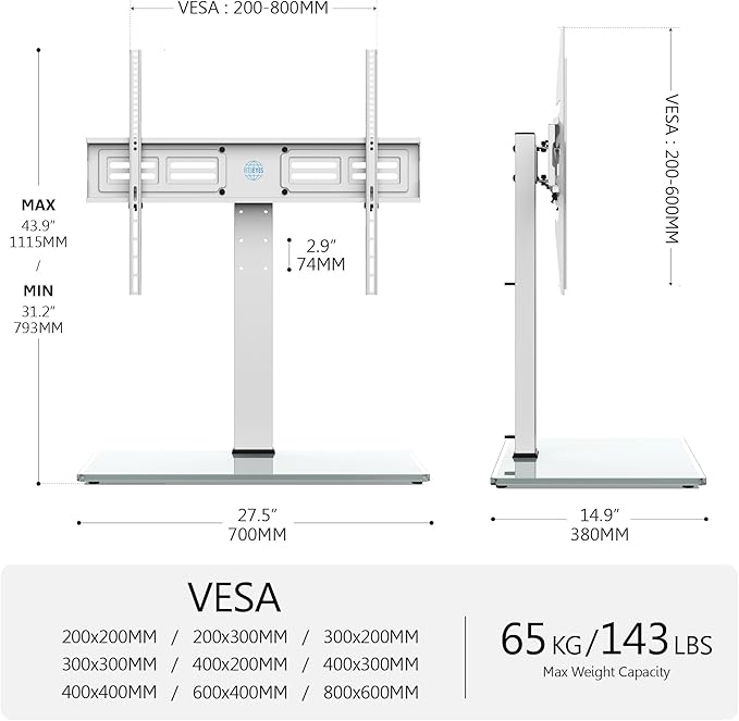 FITUEYES Universal TV Stand with Swivel Mount for 50-85 inch Flat Screens - Height Adjustable Tempered Glass Base Holds up to 143 lbs, White.