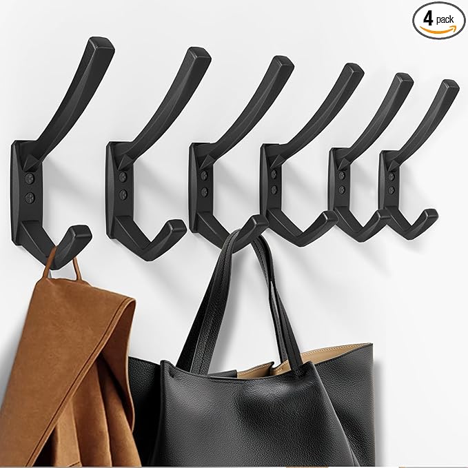 Heavy Duty Wall Hooks, 5.7 Inch Large Coat Hooks, 6 Packs Towel Hooks for Hanging in Bathroom, Bedroom, Entryway, Kitchen, etc (Black, 6 Pack)
