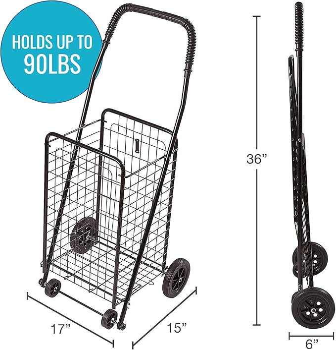 DMI Utility Cart with Wheels to be used for Shopping, Grocery, Laundry and Stair Climber Cart, Weighs 7.5 Pounds but holds up to 90 Pounds, Compact and Foldable, Black-NeatNest