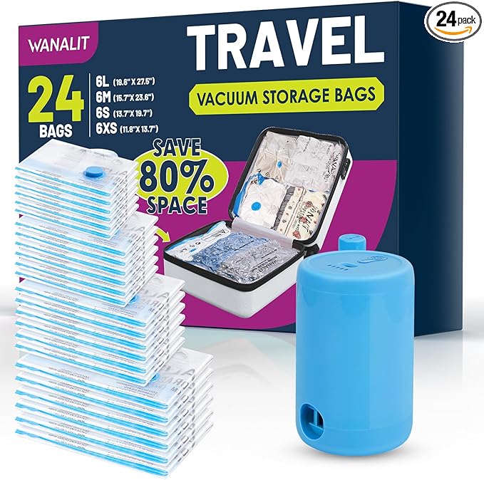 Vacuum Storage Bags for Travel, 24 Pack (6L+6M+6S+6XS) Vacuum Seal Bags with Wireless Rechargeable Electric Pump, Travel Essentials Space Saving Bag for Clothes, Luggage, Carry-on Suitcase, Backpack-NeatNest