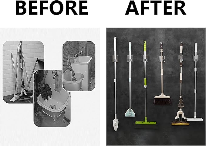 4 Pack Mop Broom Holder Racks 304 Stainless Steel Self Adhesive Heavy Duty Wall Mounted Mop Organizer Storage Clip Multi-Used for Garage Kitchen and Bathroom-NeatNest