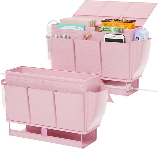 Bedside Caddy, Bed Organizer with 11 Pockets and Power Strip Holder, Versatile Bedside Storage Caddy for Home,Dorm,Bunk,Hospital,Crib Bed (2 Pack Pink)-NeatNest