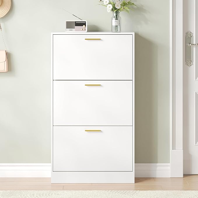 Shoe Cabinet Storage for Entryway, Shoe Cabinet with 3 Flip Drawers, White Modern Shoe Organizer Wood, Freestanding Small Thin Shoe Racks with Doors, White-NeatNest