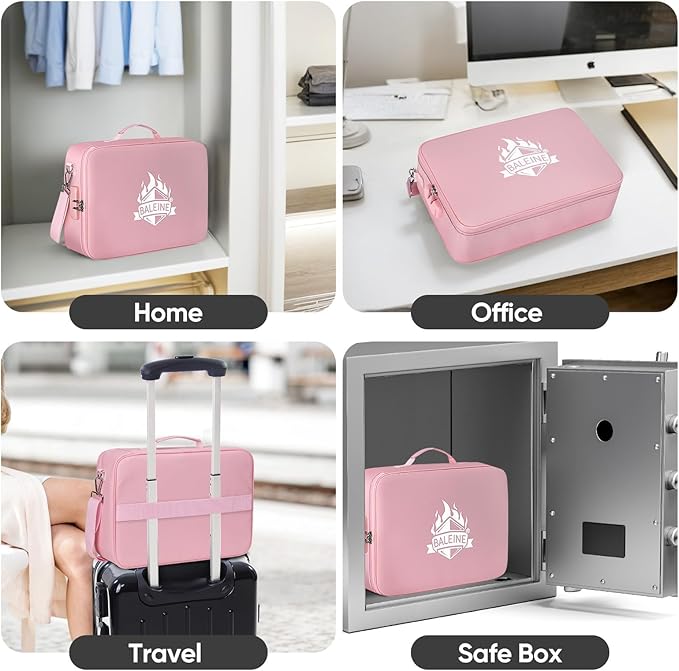 BALEINE Fireproof Document Box with Lock, Portable Fireproof Document Bag Waterproof Fire Proof File Boxes for Documents, File Organizer Box for Important Paperwork (Pink, 15''x11''x4'')