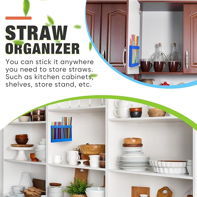 Acrylic Straw Holder for Cabinet Door with Double Sided Adhesive Tape Reusable Straw Organizer Tumbler Storage Kitchen Accessories Container for Counter Cupboard(Classic,Large,Blue)