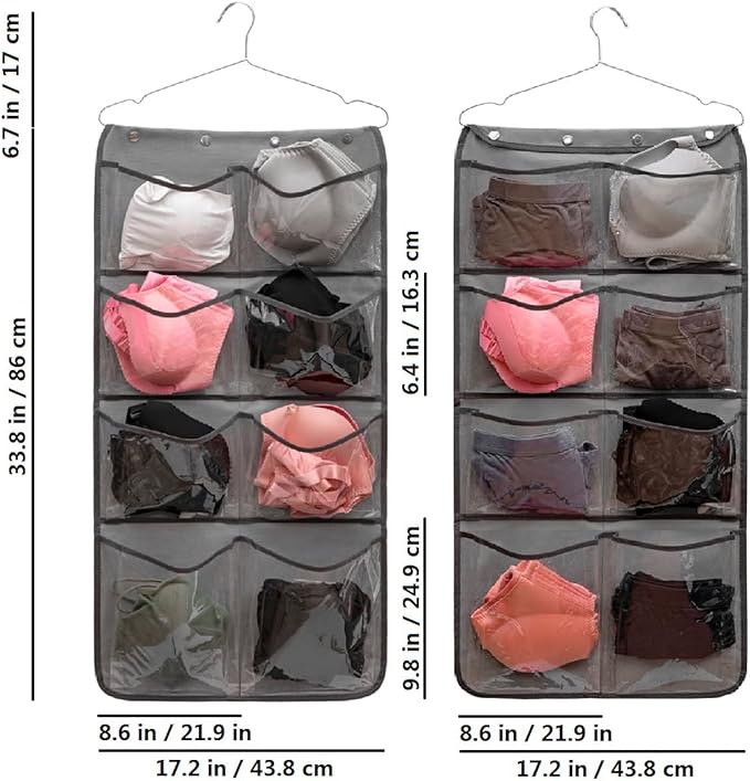 Dual Sided Hanging Closet Organizer Durable Socks Stocking Clothes Bra Accessories Storage Bag With 16 Large Pockets (Clear PVC Pockets)-NeatNest