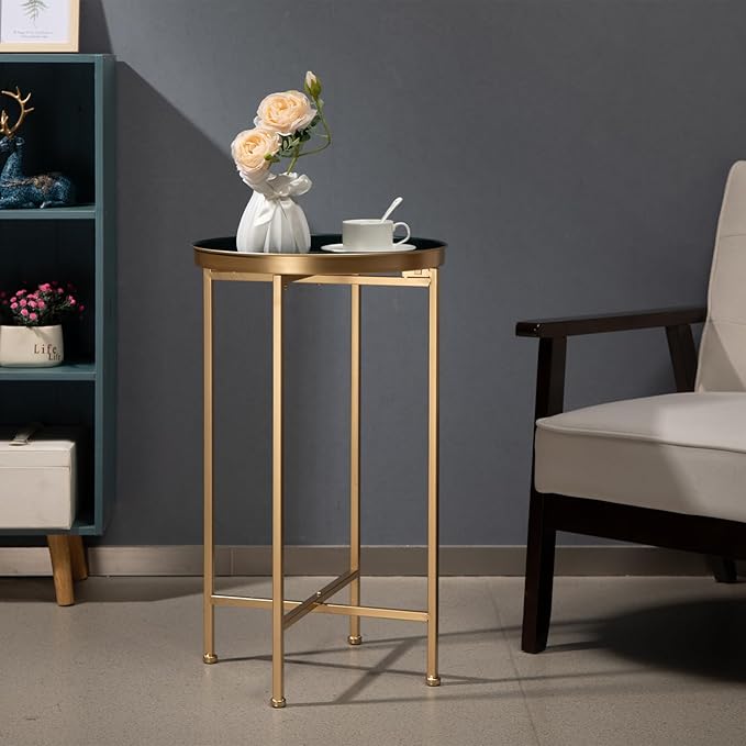 HollyHOME Small Round Metal Waterproof End Table, Accent Indoor&Outdoor Coffee Side Table, Snack Sofa Table for Living Room, Anti-Rust Decorative Plant Stand, (D) 14.5" x (H) 25", Gold&Navy Blue-NeatNest