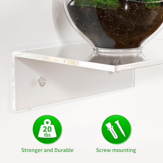FEMELI 2 PCS 9" Acrylic Floating Shelves, Clear Shelf for Display, Plant, Perfume, Book in Bedroom Living Room Office, 5mm Thick Wall-Mounted Acrylic Shelves for Wall