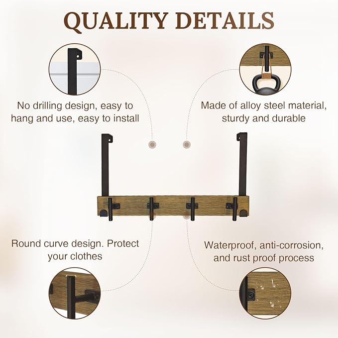 FH Classic Style Over The Door Hook Rack - Black & Brown (with 4 "T Hooks)