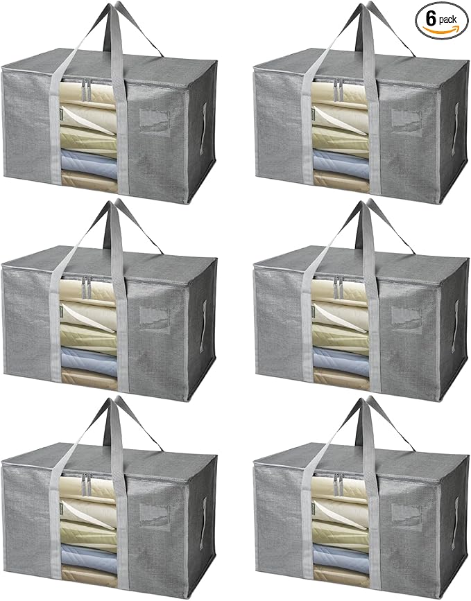 BALEINE 6-Pack Oversized Moving Bags with Reinforced Handles, Heavy-Duty Storage Tote for Clothes, Moving Supplies (Grey with Window, 6 Pack)-NeatNest