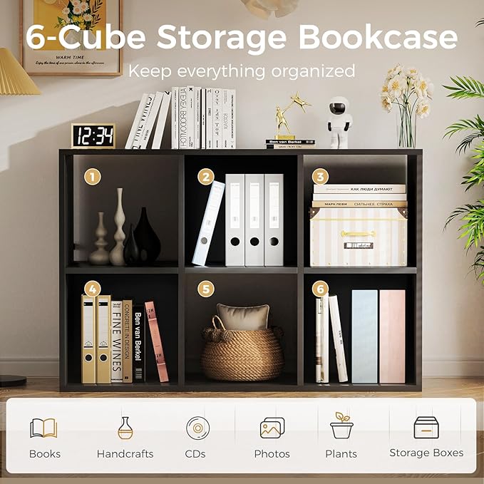 COMHOMA 6 Wood Cube Storage Organizer with Open Back and Removable Back Panels, 11In Black Cube Storage Bookshelf, Cubicle Shelf Bookcase for Home Office Bedroom Living Room, Vertical or Horizontal