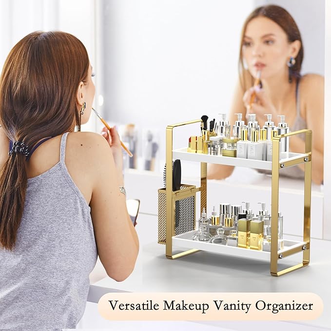Bathroom Counter Organizer, Wood Vanity Trays with Basket, Skincare Countertop Organizers, Large Capacity Makeup and Perfume Organizer-NeatNest