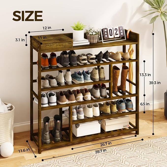 Bamworld Shoe Rack for Front Door Entrance Bamboo Shoe Organizer with Storage Box Free Standing Shoe Cabinet Wooden Shoe Storage Shelf for entryway, Closet and Doorway (Dark Brown)-NeatNest