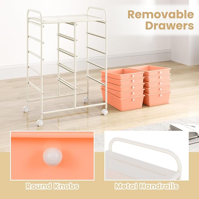Moccha Rolling Cart with 10 Drawers - Under Desk Storage Drawers with wheels for Craft Art Supply Paper Salon, Under Desk Cabinet on Wheels, Multipurpose Movable Utility Cart for Classroom