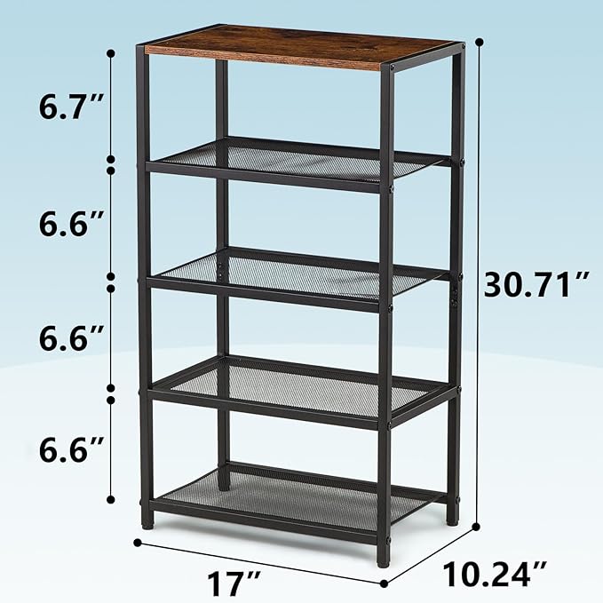 Metal 5 Tier Shoe Rack for Front Door Entrance, Entryway, and Closet Shoe Organizer with 4 Sturdy Metal Mesh Shelves and Wooden Top, Holds 10 Pairs, Ideal for Storage or Display-NeatNest