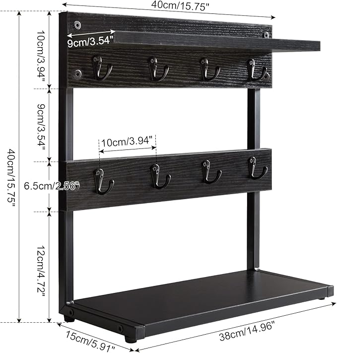 IBUYKE Rustic Coffee Mug Holder Stand, 2 Tier Countertop Mug Tree Holder Rack with Storage Base, Vintage Mug Holders for Kitchen, Holds 8 Mugs, Black UTBJ002B-NeatNest