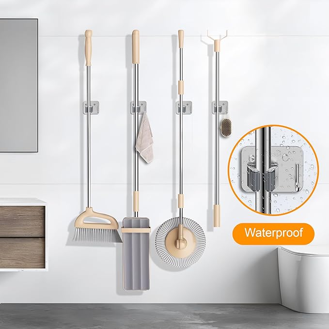 4 Pack Stainless Steel Mop and Broom Holder Wall Mount with Hook, Screw Drilling Mop and Broom Hanger, Single Heavy Duty Storage Rack for Laundry Garage Closet Garden Tool Organizer, Silver-NeatNest