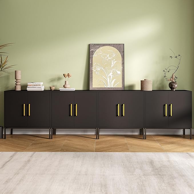 JOZZBY Set of 4 Storage Cabinet, Sideboard Buffet Storage, Modern Living Room Cabinet, Black Side Cabinets for Bedroom, Kitchen, and Hallway