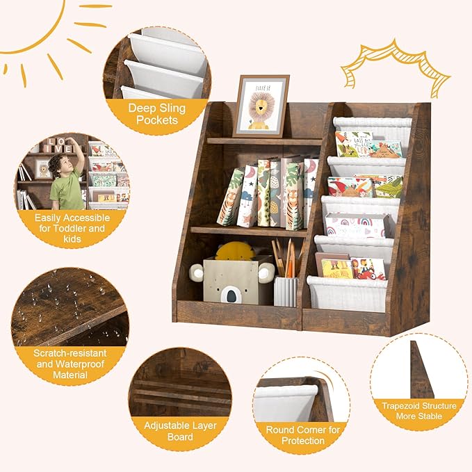 3 Tier Kid Bookshelf Wooden 4 Sling Children Bookcase Adjustable Toddler Book Rack Display Toy Storage Organizer Book Display Shelf Stand Classroom Bedroom Nursery Playroom,25 inch(Rustic)