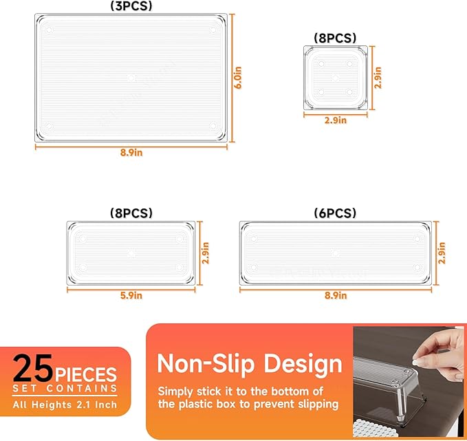 25 pc Clear Plastic Drawer Organizer Set,4 Size Small Storage Containers for Organizing Jewelry,Utensil,Junk,Tea,Makeup,Shallow Drawer Organizers Tray Suitable for Office,Desk,Bathroom,Vanity,Kitchen-NeatNest