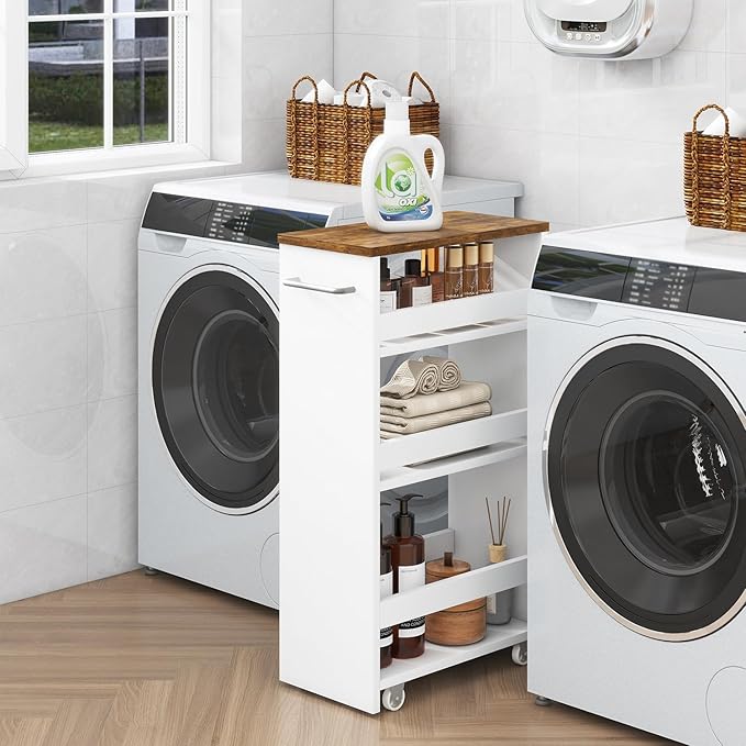 IBUYKE Slim Storage Cart 7.9" W, Rolling Kitchen Storage cart on Wheels for Small Spaces, 4-Tier Laundry Cart with Handle, Slide Out Utility Cart for Kitchen, Bathroom, Laundry,White UWST005W-L