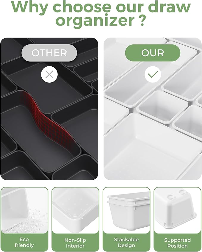25 PCS Plastic Drawer Organizers Set, 4-Sizes Vanity and Makeup Organizer, Desk and bathroom Drawer Organizer Trays, Organizers and Storage for Makeup, Jewelry, Gadgets, Utensils (White)-NeatNest