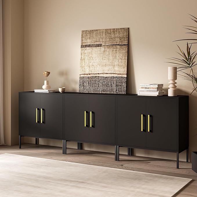 JOZZBY Set of 3 Storage Cabinet, Sideboard Buffet Storage, Modern Living Room Cabinet, Black Side Cabinets for Bedroom, Kitchen, and Hallway
