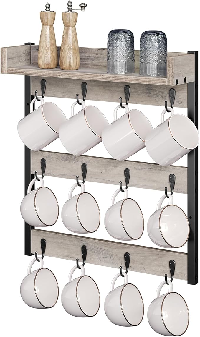 Coffee Mug Holder Stand, 3 Tier Mug Tree Rack, Hanging 12 Cups, with Top Shelf, for Kitchen, Dining Room, Living Room, Cafe, Greige and Black MH42BG-NeatNest