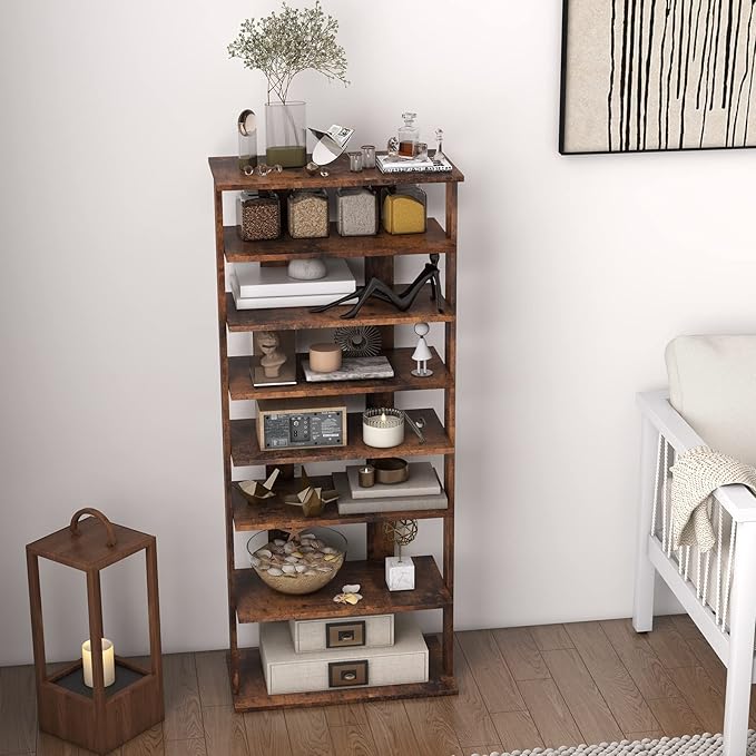 COSTWAY 7 Tiers Shoe Rack, Double Rows Vertical Tall Narrow Patented Shoe Organizer, Free Standing Shoe Rack for Small Space, Entryway, Closet, Living Room, Bedroom (Rustic Brown)-NeatNest